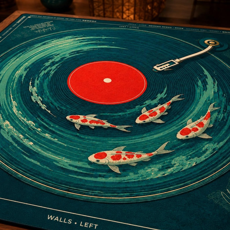 Koi Fish Vinyl Record Mahjong Mat, Japanese Pond Mahjong Table Cover, Charleston Rules Game Mat, Non Slip Table Cover