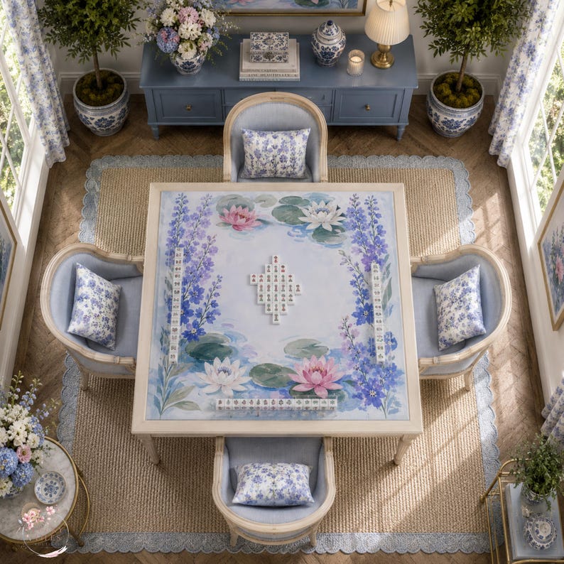Larkspur Water Lily Mahjong Mat, American Mahjong Mat, July Birth Flower Garden, Blue Floral Mahjong Gift