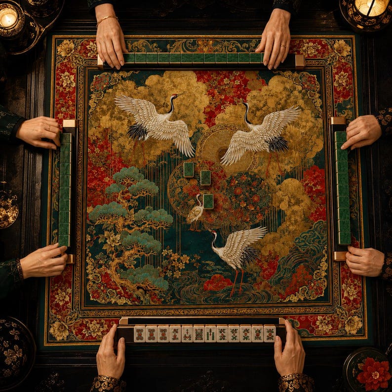 Mahjong Mat Gift for Her, Asian Japanese Inspired Crane Gold Theme Mah Jongg Table Cover, Emerald Red Room Decor