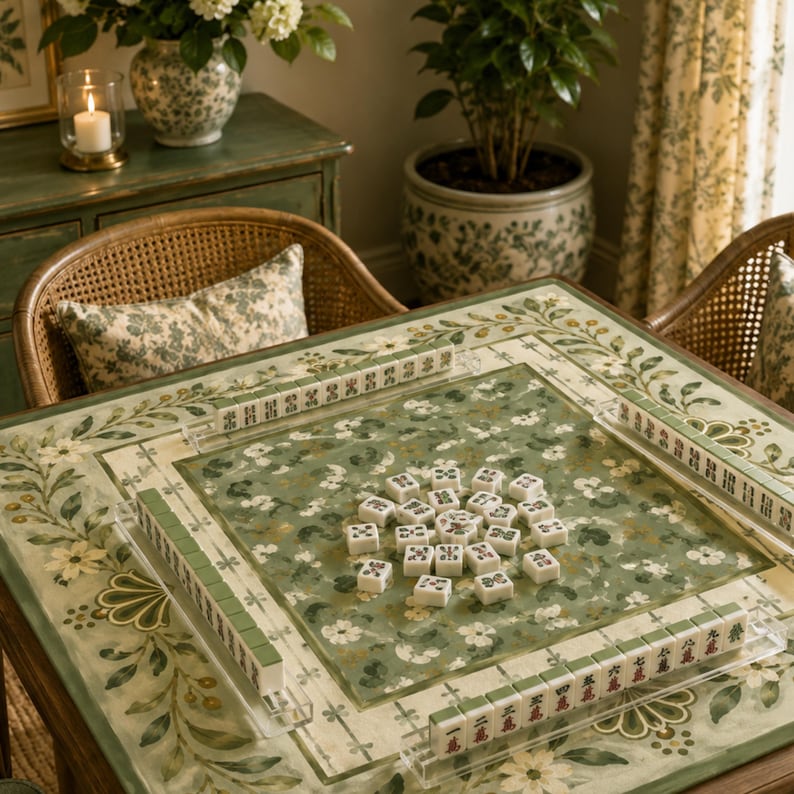 Sage Green Folk Floral Mahjong Mat, American Mahjong Mat, Vintage Botanical Garden, Grandmillennial Mahjong Gift