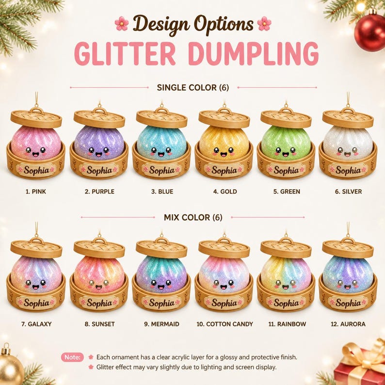 Personalized Glitter Dumpling Ornament, Squishy Dumpling Custom Name Gift, Kids Christmas Gift, Cute Food Keepsake