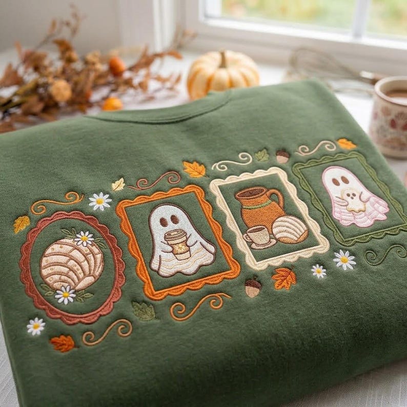 Embroidered Ghost Conchas Sweatshirt, Pantasmas Ghost Pan Dulce Crewneck, Spanish Halloween, Spooky Latina Pullover