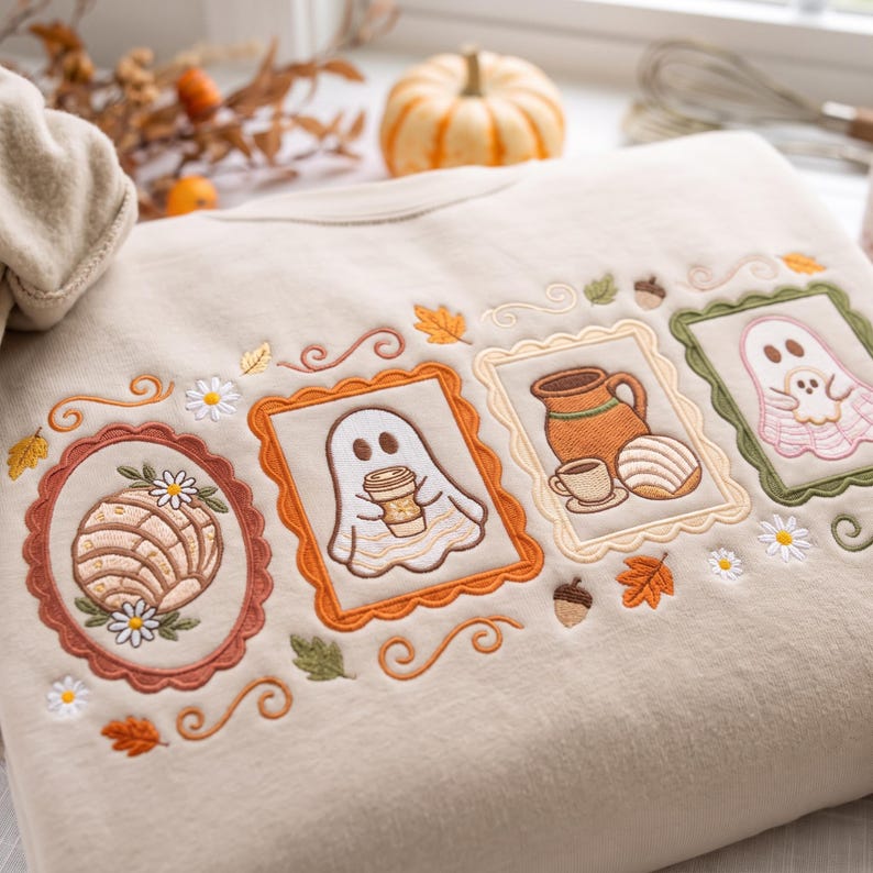 Embroidered Ghost Conchas Sweatshirt, Pantasmas Ghost Pan Dulce Crewneck, Spanish Halloween, Spooky Latina Pullover