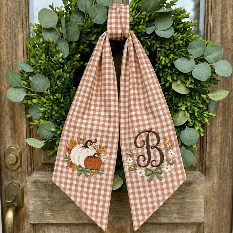 Fall Wreath Sash Bow, Pumpkin Embroidered Monogram Door Bow, Orange Gingham Autumn Wreath Ribbon