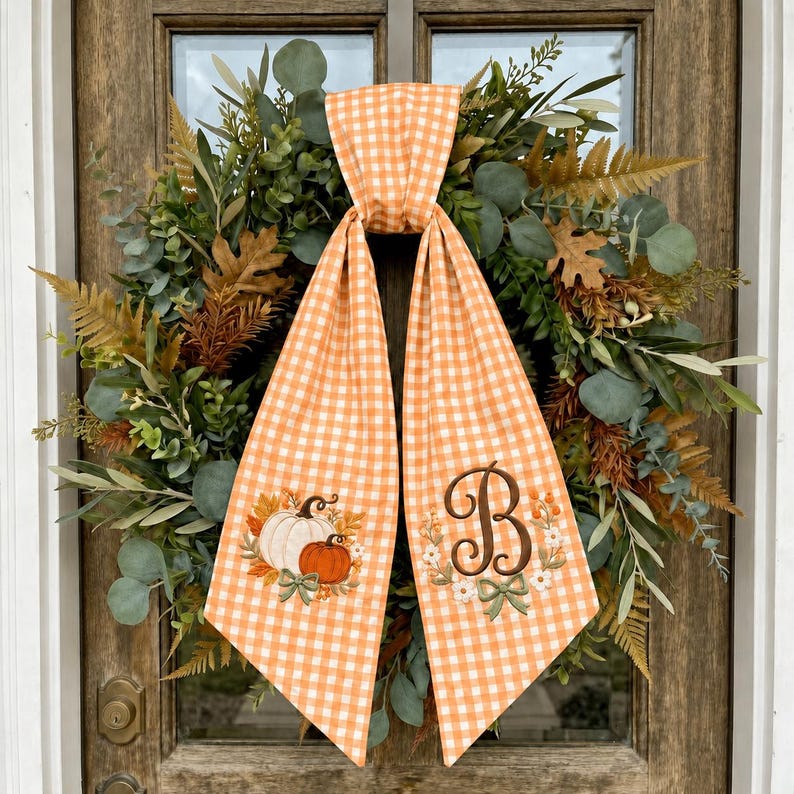 Fall Wreath Sash Bow, Pumpkin Embroidered Monogram Door Bow, Orange Gingham Autumn Wreath Ribbon