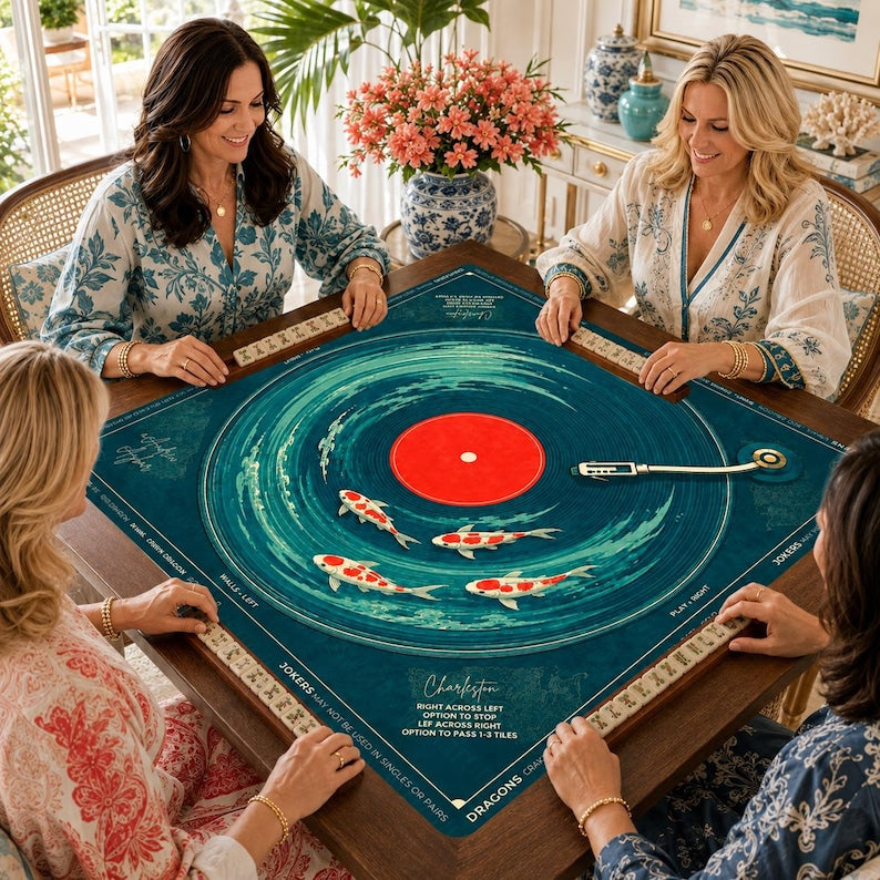 Koi Fish Vinyl Record Mahjong Mat, Japanese Pond Mahjong Table Cover, Charleston Rules Game Mat, Non Slip Table Cover
