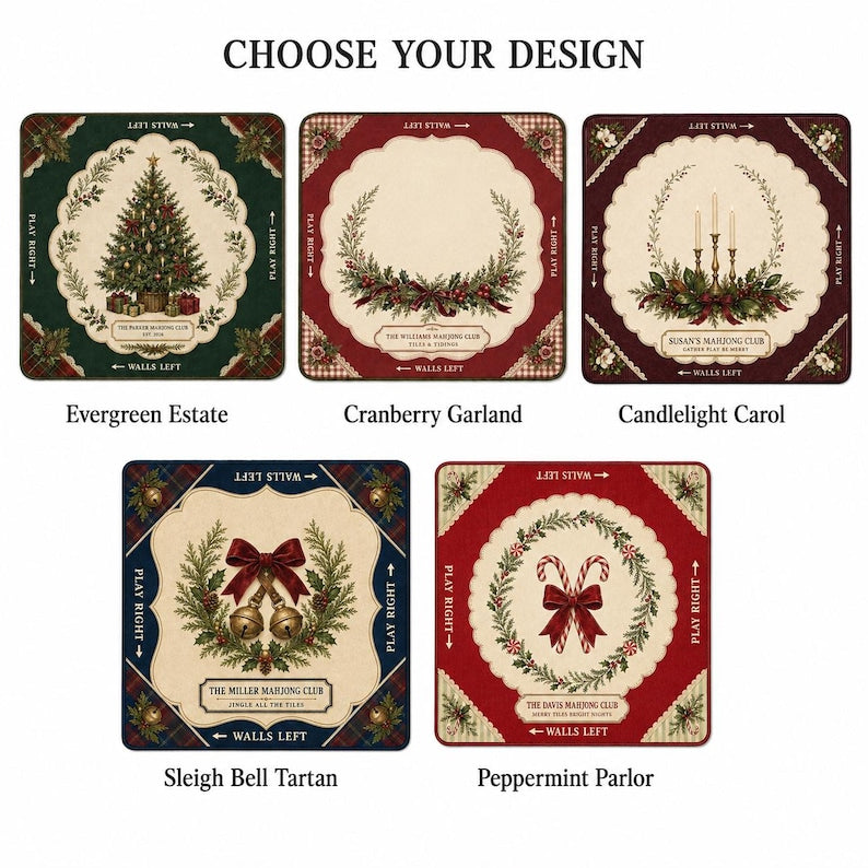 Personalized Christmas Mahjong Mat Custom Club Name Table Cover, Vintage Christmas Tree American Mahjong Playmat