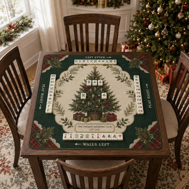 Personalized Christmas Mahjong Mat Custom Club Name Table Cover, Vintage Christmas Tree American Mahjong Playmat