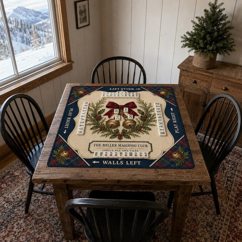 Personalized Christmas Mahjong Mat Custom Club Name Table Cover, Vintage Christmas Tree American Mahjong Playmat