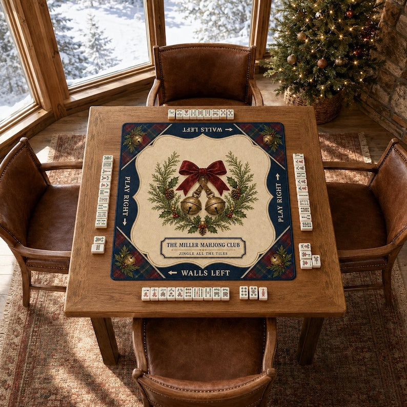 Personalized Christmas Mahjong Mat Custom Club Name Table Cover, Vintage Christmas Tree American Mahjong Playmat