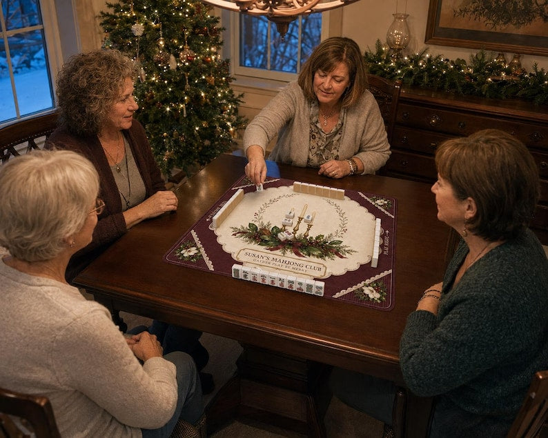 Personalized Christmas Mahjong Mat Custom Club Name Table Cover, Vintage Christmas Tree American Mahjong Playmat