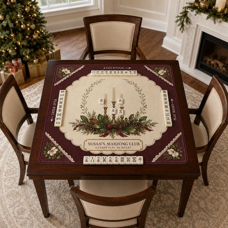 Personalized Christmas Mahjong Mat Custom Club Name Table Cover, Vintage Christmas Tree American Mahjong Playmat