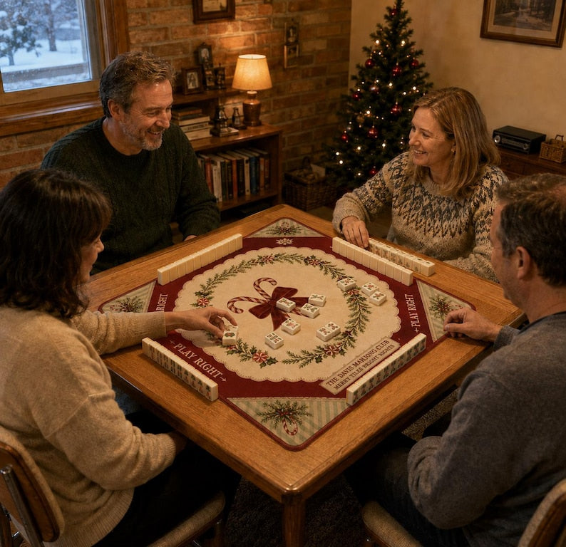 Personalized Christmas Mahjong Mat Custom Club Name Table Cover, Vintage Christmas Tree American Mahjong Playmat