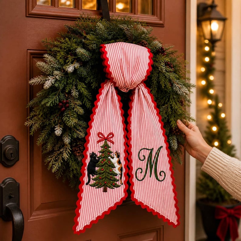 Custom Cat Christmas Wreath Sash, Striped Fabric with Embroidered Monogram