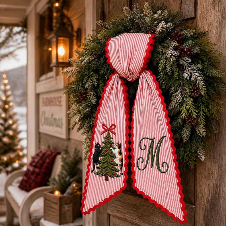 Custom Cat Christmas Wreath Sash, Striped Fabric with Embroidered Monogram