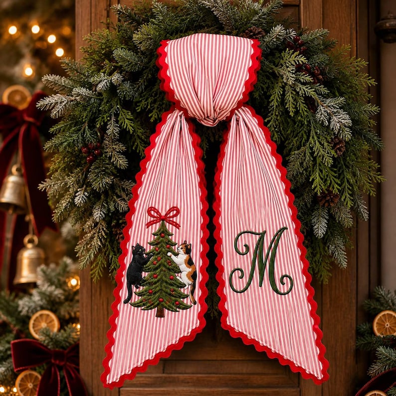 Custom Cat Christmas Wreath Sash, Striped Fabric with Embroidered Monogram