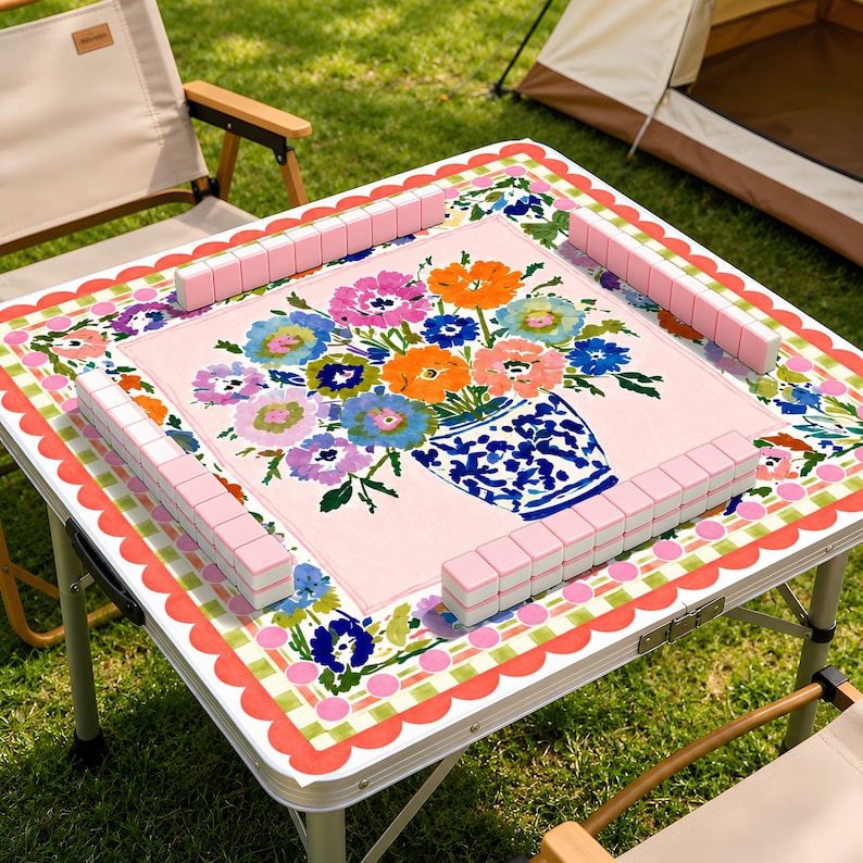Chinoiserie Floral Vase Mahjong Mat, Elegant Game Night Decor, Vibrant Botanical Art Table Mat, Hostess Gift