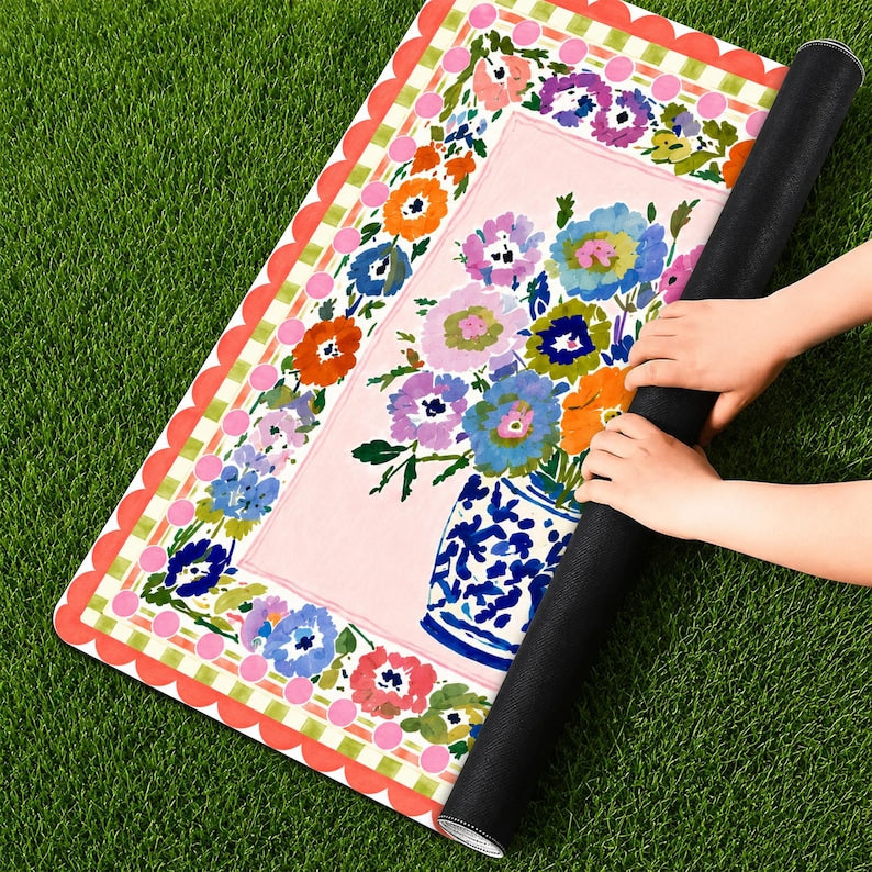 Chinoiserie Floral Vase Mahjong Mat, Elegant Game Night Decor, Vibrant Botanical Art Table Mat, Hostess Gift