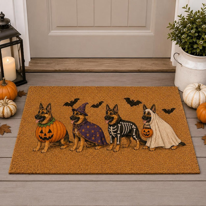 Halloween German Shepherd Coir Doormat, Spooky Dog Costume DoorMat, Ghost Witch Pumpkin Vampire Mantel Decor