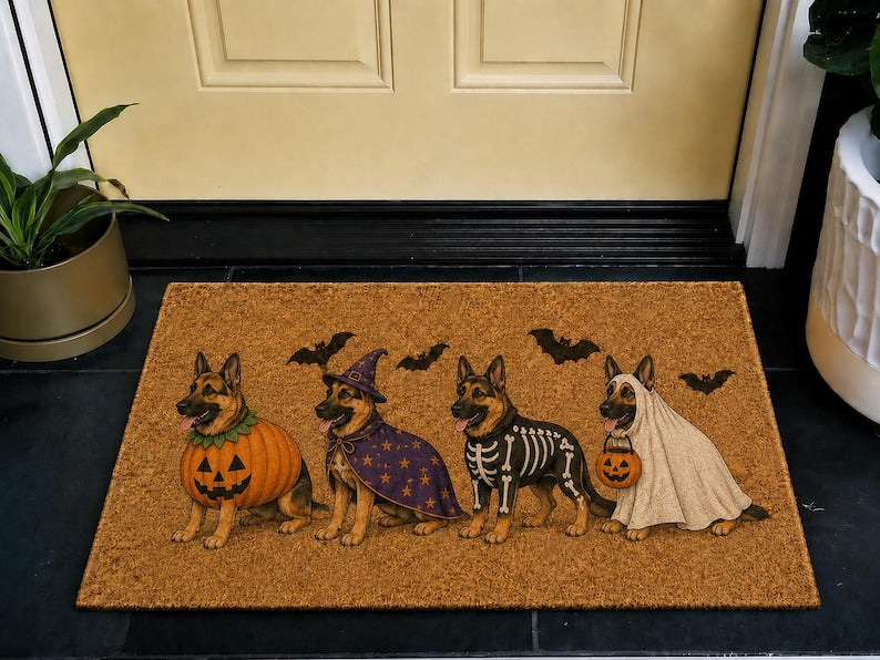 Halloween German Shepherd Coir Doormat, Spooky Dog Costume DoorMat, Ghost Witch Pumpkin Vampire Mantel Decor
