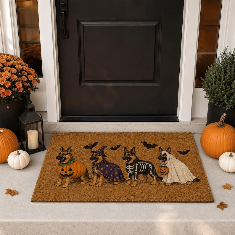 Halloween German Shepherd Coir Doormat, Spooky Dog Costume DoorMat, Ghost Witch Pumpkin Vampire Mantel Decor