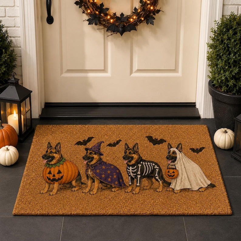 Halloween German Shepherd Coir Doormat, Spooky Dog Costume DoorMat, Ghost Witch Pumpkin Vampire Mantel Decor