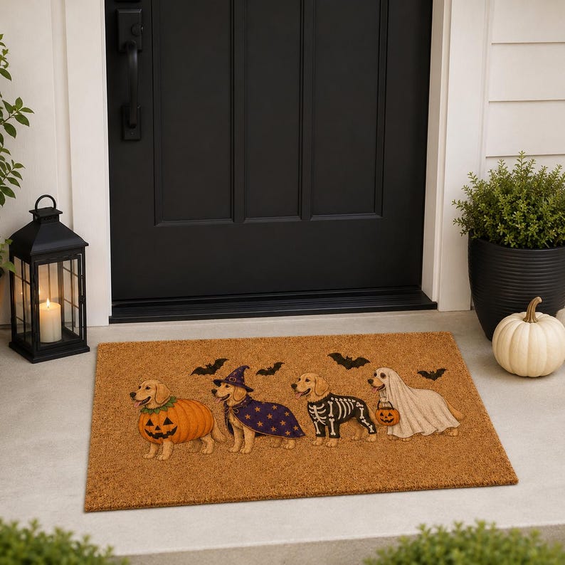 Golden Retriever Halloween Coir Doormat, Fall Front Porch Decor, Funny Dog Welcome Mat, Spooky Autumn Entrance Decor