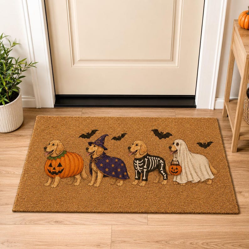 Golden Retriever Halloween Coir Doormat, Fall Front Porch Decor, Funny Dog Welcome Mat, Spooky Autumn Entrance Decor