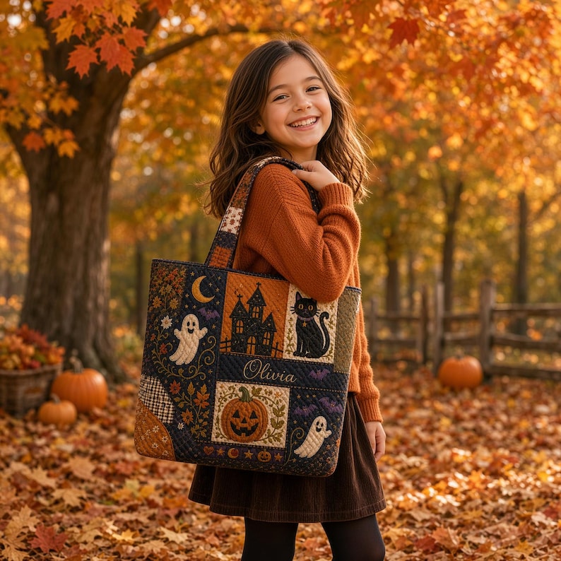 Personalized Vintage Halloween Quilted Tote Bag, Black Cat Ghost Pumpkin Patchwork Bag, Haunted House Spooky Fall Tote