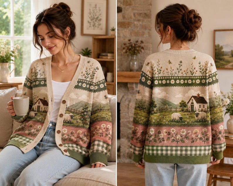 Cottagecore Cardigan Sweater, Sheep Farm Knit Cardigan, Floral Country Sweater, Pastoral Cottage Clothing