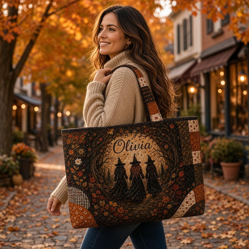 Personalized Name Three Witches Halloween Quilted Tote Bag, Custom Gothic Coven Witch Bag, Spooky Forest Fall Tote