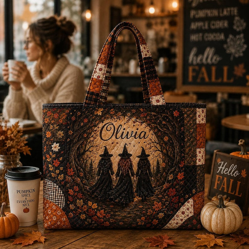 Personalized Name Three Witches Halloween Quilted Tote Bag, Custom Gothic Coven Witch Bag, Spooky Forest Fall Tote