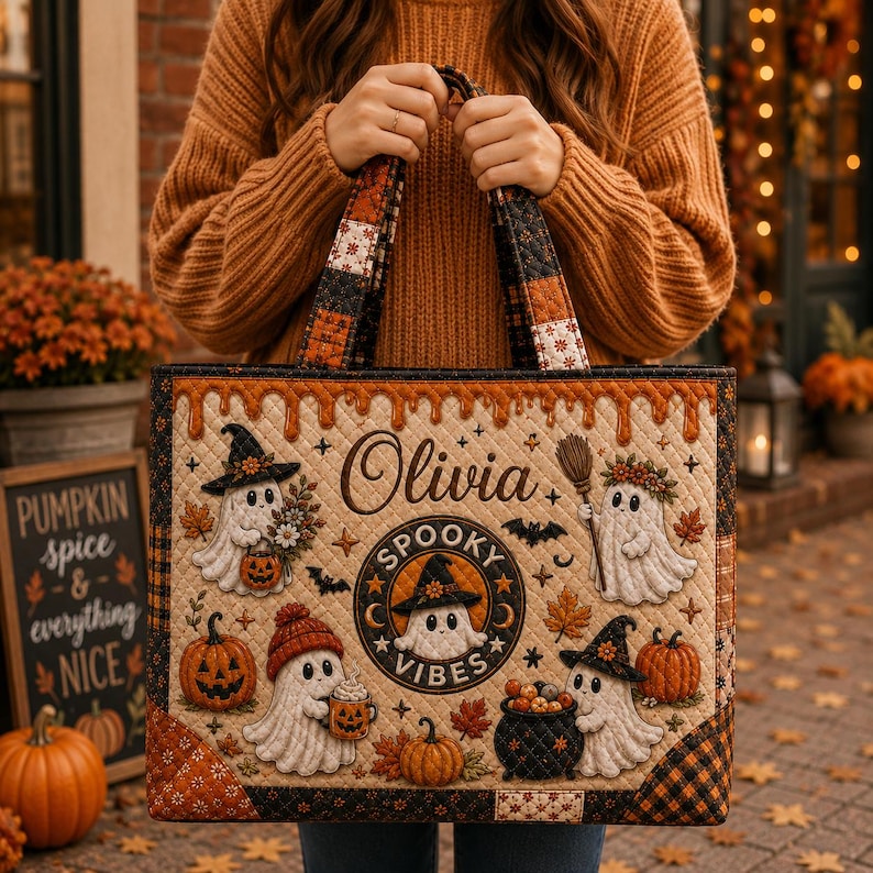 Personalized Ghost Halloween Quilted Tote Bag, Custom Name Spooky Pumpkin Tote, Cute Fall Shoulder Bag