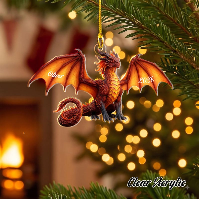 Personalized Red Flying Dragon Ornament, Custom Fantasy Creature Mythical Decor, RPG Gamer Christmas Keepsake