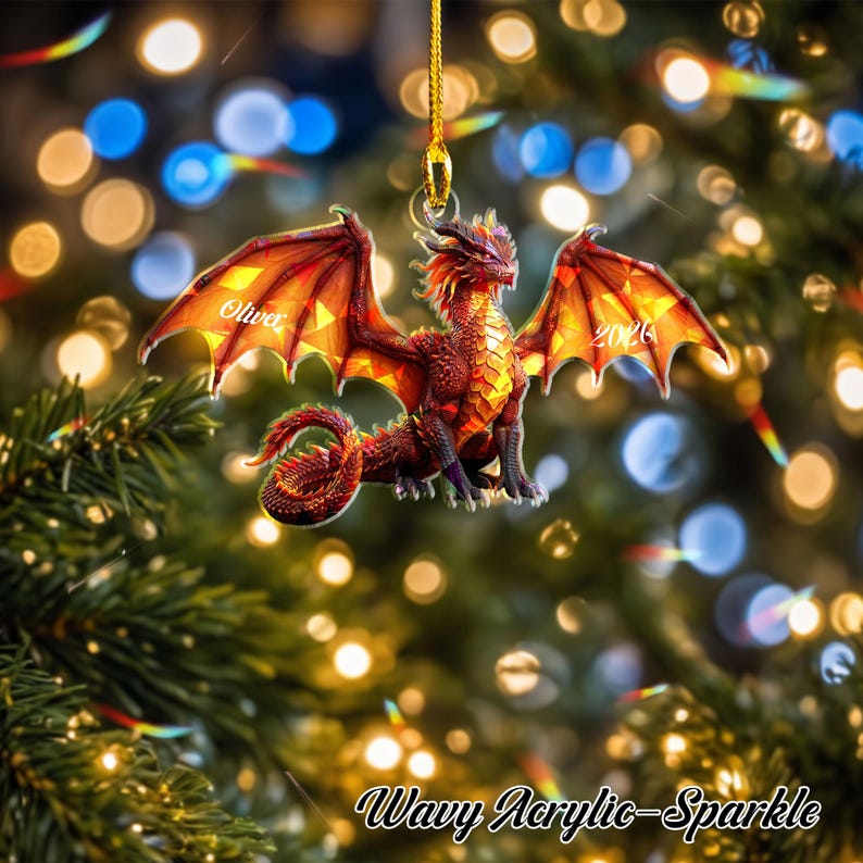 Personalized Red Flying Dragon Ornament, Custom Fantasy Creature Mythical Decor, RPG Gamer Christmas Keepsake