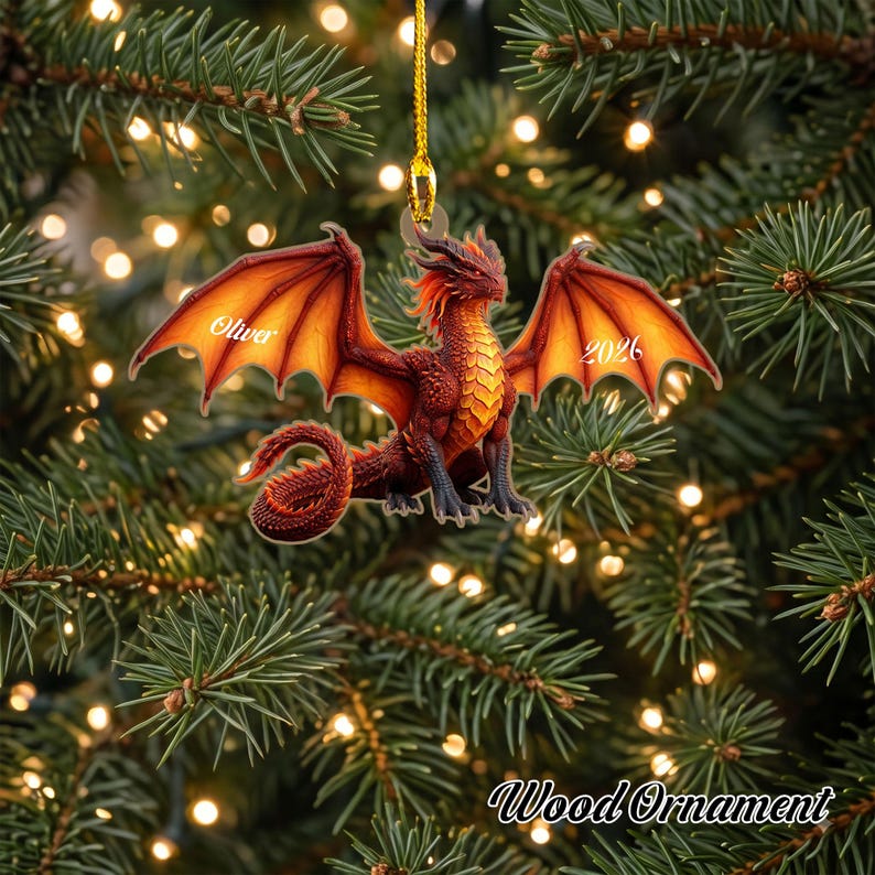 Personalized Red Flying Dragon Ornament, Custom Fantasy Creature Mythical Decor, RPG Gamer Christmas Keepsake