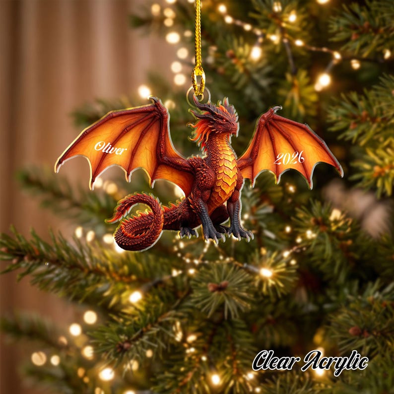 Personalized Red Flying Dragon Ornament, Custom Fantasy Creature Mythical Decor, RPG Gamer Christmas Keepsake