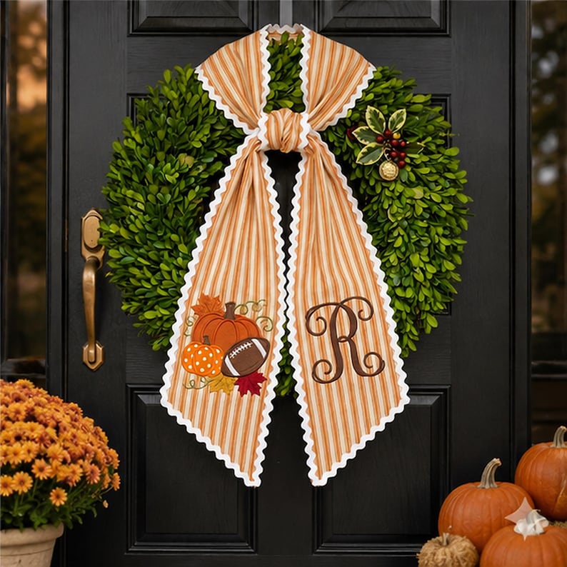 Custom Monogram Football Pumpkin Wreath Sash, Fall Front Door Bow, Embroidered Game Day Ribbon, Thanksgiving Gift