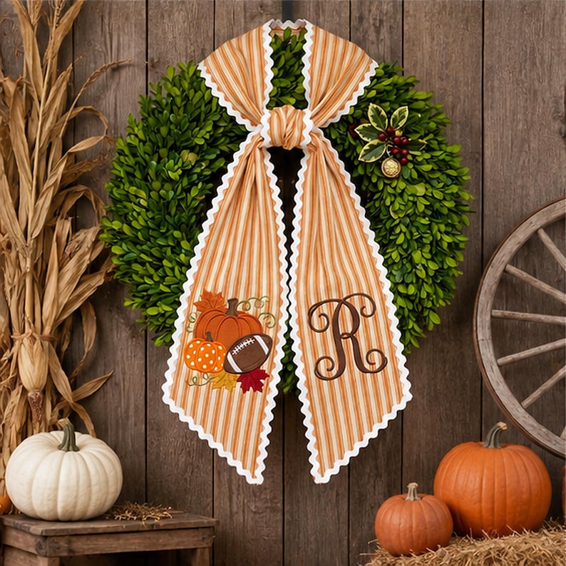 Custom Monogram Football Pumpkin Wreath Sash, Fall Front Door Bow, Embroidered Game Day Ribbon, Thanksgiving Gift