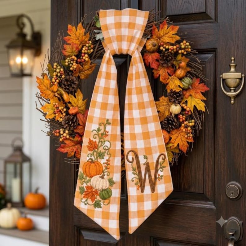 Custom Embroidered Thanksgiving Wreath Sash, Personalized Pumpkin Door Bow, First Home Gift for Newlyweds