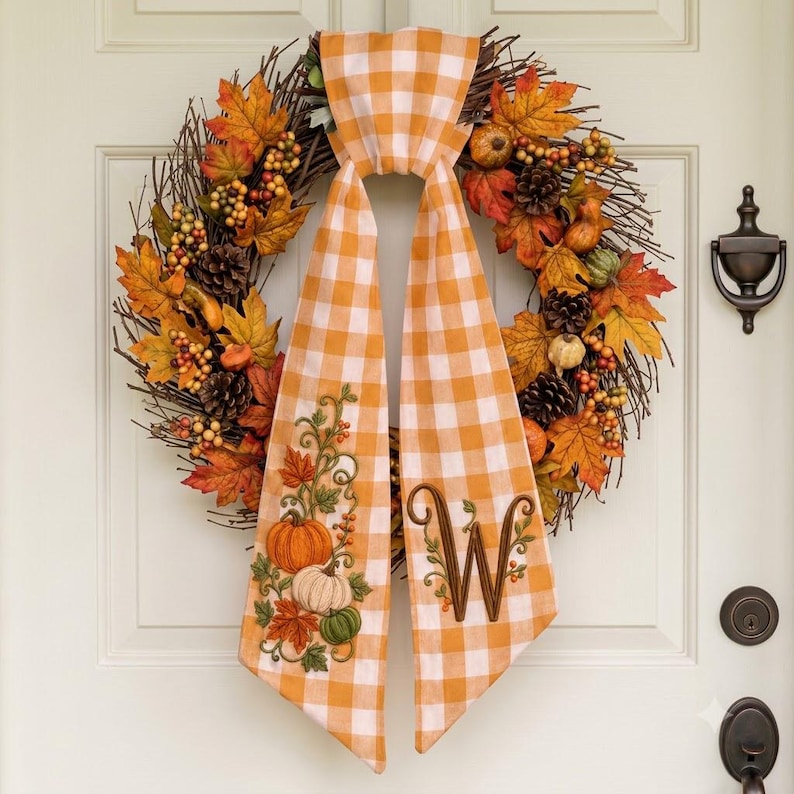 Custom Embroidered Thanksgiving Wreath Sash, Personalized Pumpkin Door Bow, First Home Gift for Newlyweds