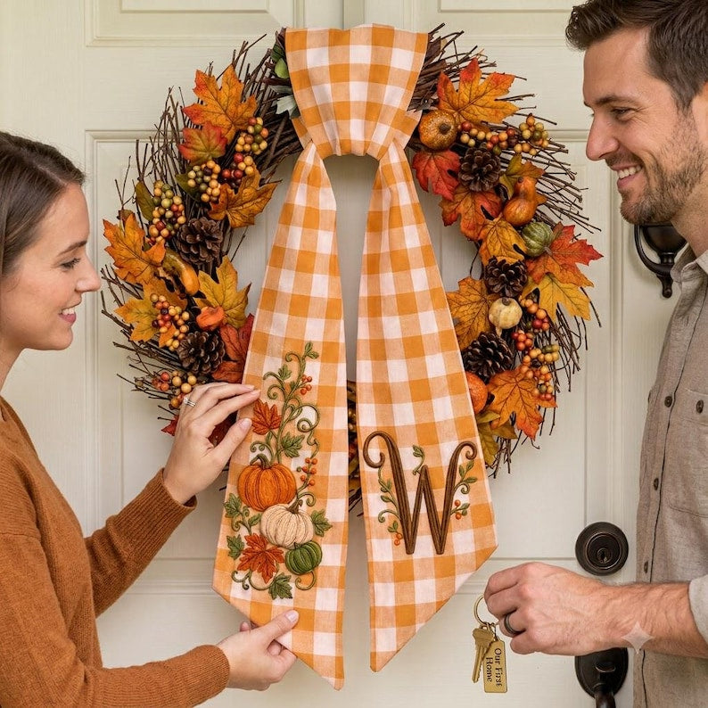 Custom Embroidered Thanksgiving Wreath Sash, Personalized Pumpkin Door Bow, First Home Gift for Newlyweds