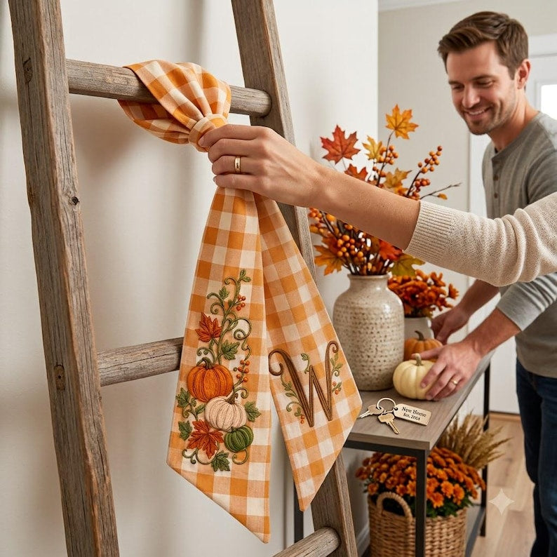 Custom Embroidered Thanksgiving Wreath Sash, Personalized Pumpkin Door Bow, First Home Gift for Newlyweds