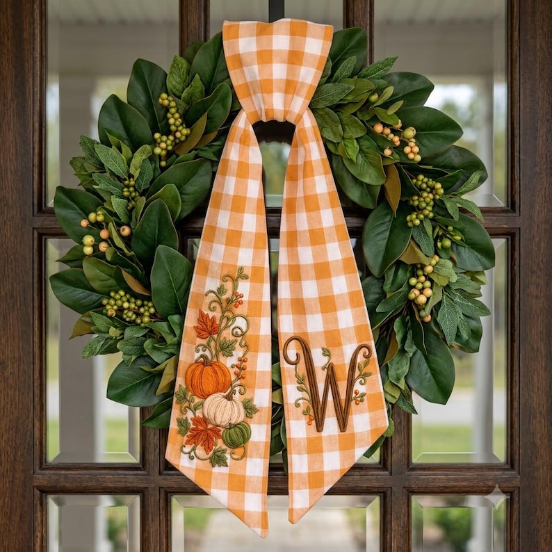 Custom Embroidered Thanksgiving Wreath Sash, Personalized Pumpkin Door Bow, First Home Gift for Newlyweds