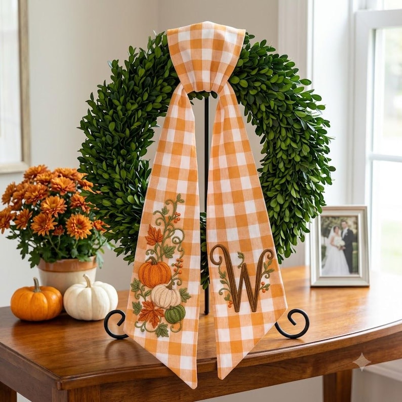 Custom Embroidered Thanksgiving Wreath Sash, Personalized Pumpkin Door Bow, First Home Gift for Newlyweds