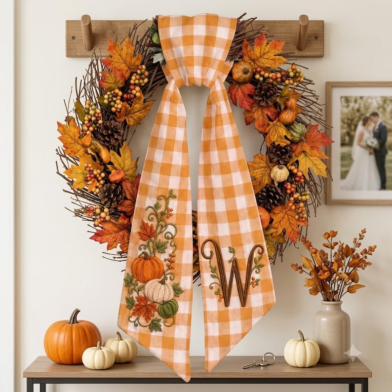 Custom Embroidered Thanksgiving Wreath Sash, Personalized Pumpkin Door Bow, First Home Gift for Newlyweds