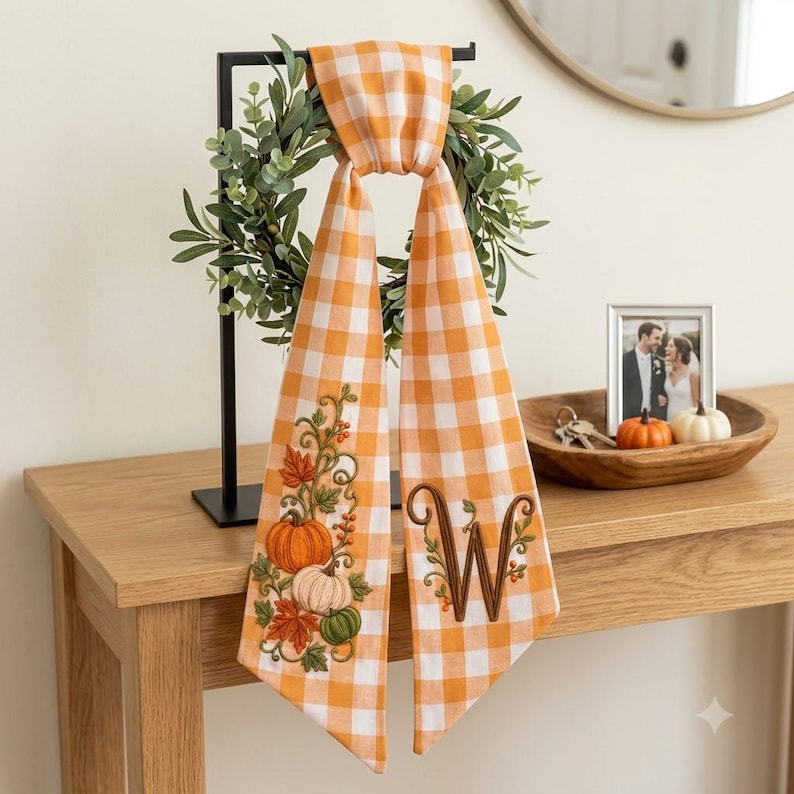Custom Embroidered Thanksgiving Wreath Sash, Personalized Pumpkin Door Bow, First Home Gift for Newlyweds