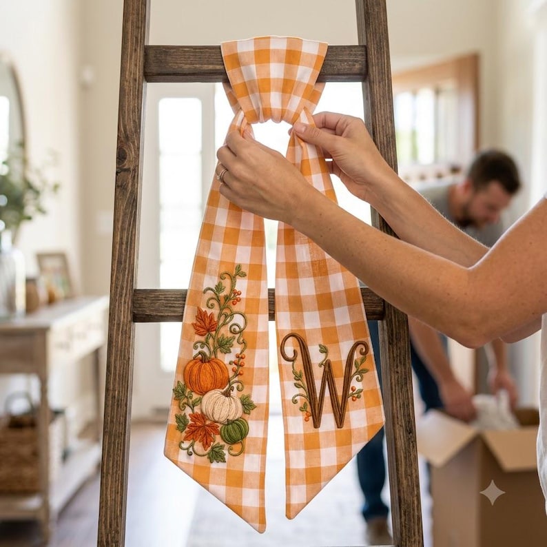 Custom Embroidered Thanksgiving Wreath Sash, Personalized Pumpkin Door Bow, First Home Gift for Newlyweds