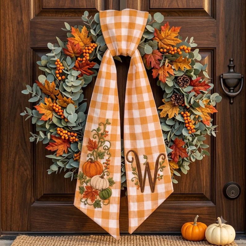 Custom Embroidered Thanksgiving Wreath Sash, Personalized Pumpkin Door Bow, First Home Gift for Newlyweds