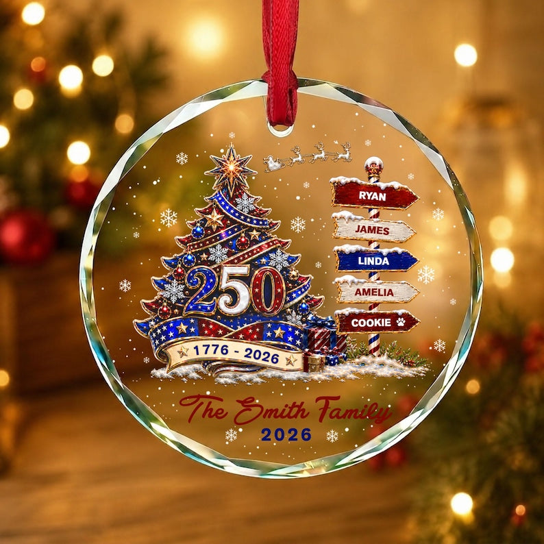 Custom Family Name Christmas Ornament, America 250th Anniversary Ornament, Family With Pet Ornament
